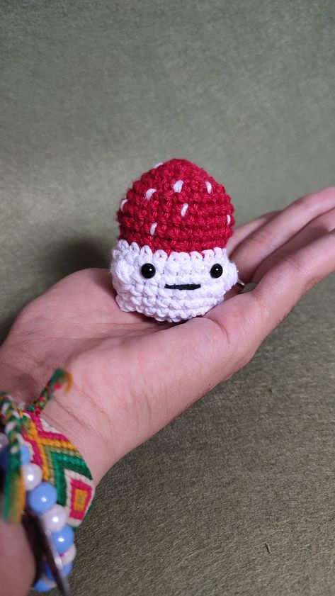 Small mushroom friend to take wherever you want and squish in case you are stressed 💖. Spain, Stuffed Mushrooms, Amigurumi Patterns, Small Mushroom, The Creation Of Adam, Gummy Bears, Cotton Thread, Amigurumi, How To Find Out