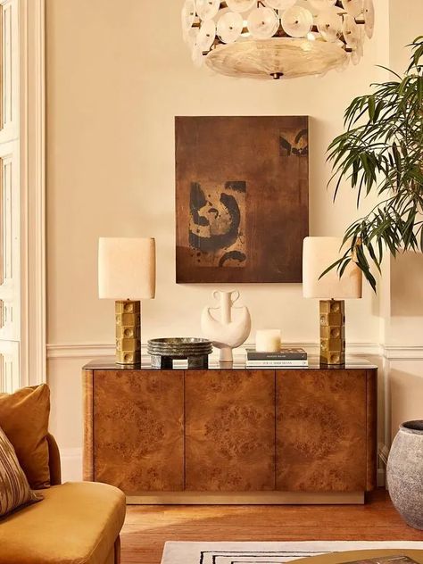 Burl Wood side table. A mid-century luxe addition that will create a high end look in your home. Mid Century Console Table Decor, Soho House Lounge, Student Room, Samantha Jones, Soho Home, Mid Century Sideboard, Room Upgrade, Large Sideboard, House Bedrooms