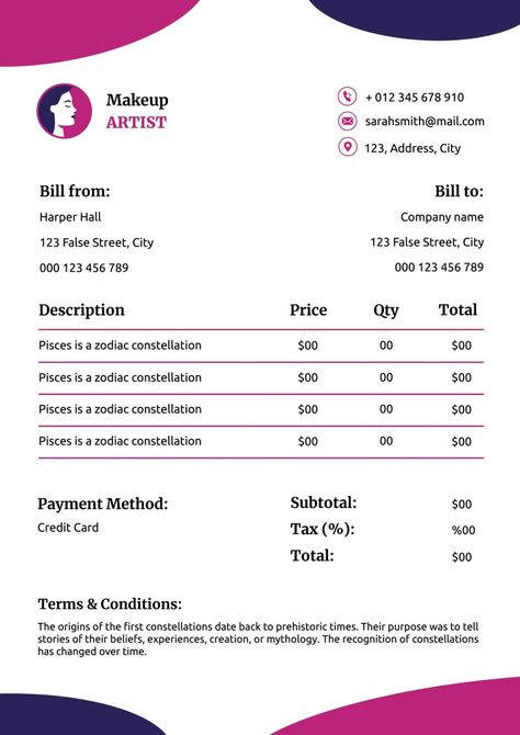 Duotone Freelance Make Up Artist Invoice Constellations, Brand Kit, Invoice Template, Used Tools, Make Up Artist, Business Branding, Free Graphic Design, Company Names, Makeup Artist