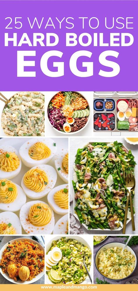 Not sure what to do with those hard boiled eggs in your fridge? Whether they are leftover from Easter or you simply meal prepped a bunch, here are some delicious ways to use them up! If you're looking for some yummy dishes to make with hard boiled eggs, here are 25 recipes you need to try! Everything from breakfast, lunch, dinner and snack options to choose from. | www.mapleandmango.com Keto Hard Boiled Egg Recipes, What Can I Make With Eggs, What To Do With Eggs, Hard Boiled Egg Recipes Breakfast, Recipes With Hard Boiled Eggs, Boiled Egg Breakfast Ideas, Hard Boiled Egg Breakfast, Egg Recipes For Lunch, Egg Pasta Recipe