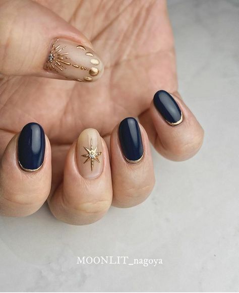 14 Classy Halloween Nail Designs - the gray details Navy And Maroon Nails, Celestial Nails Simple, Gold Star And Moon Nails, Navy Nails Stars, Star Of David Nails, Star Of Bethlehem Nails, Short Nails Prom, Mystic Nail Art, Celestial Wedding Nails