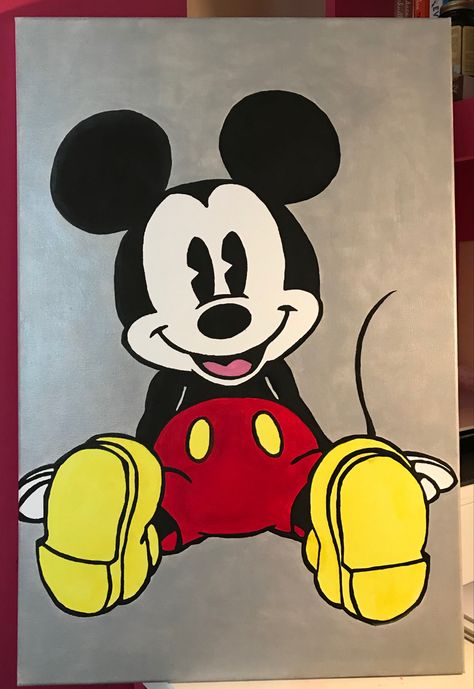 Mickey Painting Canvases, Mickey Canvas Painting, Easy Mickey Mouse Painting, Mickey Mouse Painting Easy, Disney Canvas Ideas, Mickey Mouse Acrylic Painting, Mickey Mouse Painting Canvases, Acrylic Cartoon Painting, Disney Character Paintings