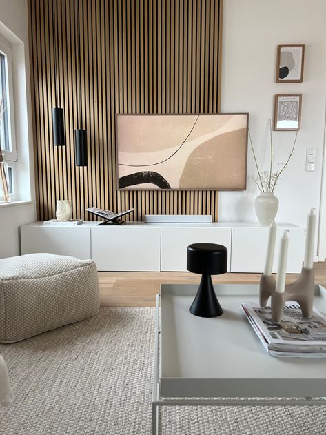 How to Create a Cozy TV Wall with Wooden Acoustic Panels Acoustic Panel Tv Wall, Wooden Panel Tv Wall, Acoustic Panels Tv Wall, Wooden Wall Panelling Design Living Room, Acoustic Panels Living Room, Tv Display Ideas, Cozy Tv Wall, Wooden Wall Living Room, Wooden Wall Panels Living Rooms