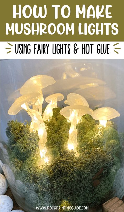 Diy Mushroom Lights Fairies Garden, Enchanted Tea Party Ideas, Hot Glue Mushrooms Fairy Lights, Magic Forest Decoration Diy, Diy Mushroom Fairy Lights, Hot Glue Fairy Lights, Glue Stick Mushrooms, Magical Forest Decorations Diy, Diy Enchanted Forest Decorations