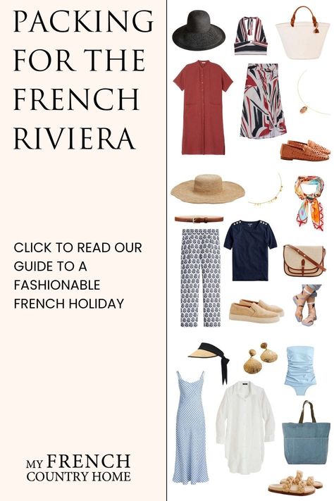 PACKING FOR THE FRENCH RIVIERA | MY FRENCH COUNTRY HOME | Our essential outfit guide to look like the French on vacation. Inspired by activities on the French Riviera: sun lounging, exploring the town, and wine tasting. | Click to read more... French Riviera Outfits, French Riviera Fashion, Riviera Fashion, Riviera Chic, French Riviera Style, Country Home Magazine, My French Country Home, 1950’s Style, Outfit Guide