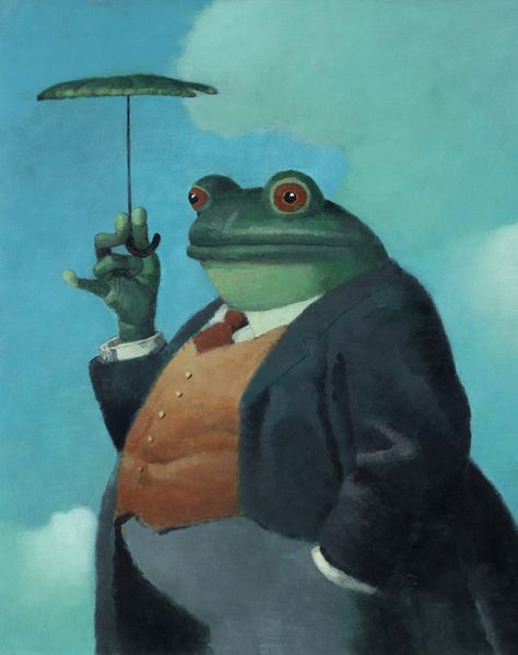 The Banker Bullfrog is always willing to lend you his bumbershoot for a few bucks. - Brad Holland artist Brad Holland, Arte Indie, Arte Peculiar, Frog Pictures, Arte 8 Bits, Posca Art, Frog Art, Arte Animal, Cute Frogs