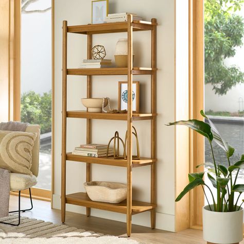 Arrives by Thu, Jul 13 Buy Better Homes & Gardens Springwood 5 Shelf Solid Wood Bookcase, Light Honey Finish at Walmart.com Tall Wooden Bookshelf, Living Room Book Storage, Decor For Built In Shelves Living Room, Unique Bookshelves Small Spaces, Decorative Shelves In Living Room, Japandi Bookcase, Bamboo Bookshelves, Bohemian Bookshelf, Open Book Shelves