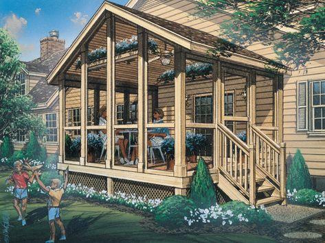 The Autumn Breeze Screened Porch  plan. See details for Plan 002D-7502. Rincon, Screened In Porch Plans, Screened Porch Designs, 4 Season Room, Screened In Deck, Porch Plans, Porch Addition, Enclosed Porches, Building A Porch