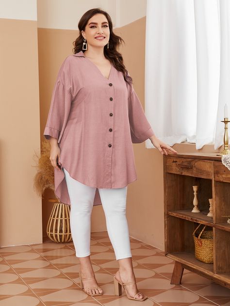 Dusty Pink Casual  Three Quarter Length Sleeve Viscose Plain Tunic Embellished Non-Stretch Spring/Fall Plus Size Tops Top Designs For Women, Fat Women Fashion, Tunic Designs, Designer Kurtis, Fashion Tops Blouse, Designer Dresses Casual, Plus Size Kleidung, Dress Indian Style, Stylish Sarees
