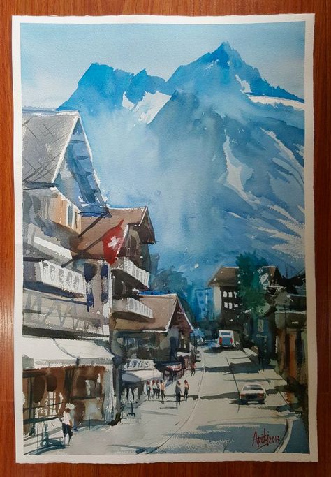 Grindelwald, The Great Sight of Switzerland Alps. Switzerland Watercolor Paintings, Switzerland Painting Easy, Switzerland Drawing Easy, Watercolor Switzerland, Switzerland Sketch, Switzerland Watercolor, Switzerland Drawing, Alps Painting, Travel Paintings