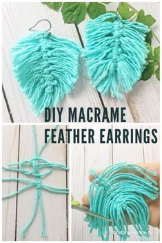 Fimo, Diy Yarn Earrings, Macrame Feather Earrings, Feather Earrings Diy, Recycle Jewelry, Diy Macrame Earrings, Types Of Knots, Yarn Ideas, Feather Diy