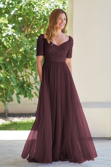 J215001 Netting with Stretch Lining MOB Dress with Portrait V-Neckline Party Wear Modest Dress, Indian Gown Outfit, Dress Using Saree, Farwell Idea Dress Western, Net Frock Models, Simple Wedding Frocks, Bridesmaid Western Dresses, Simple Tops Designs, Net Gowns For Women