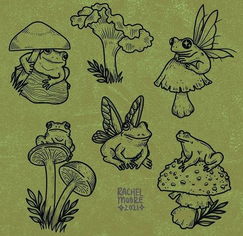 Patchwork, Mushroom Fairy Frog Tattoo, Frog Art Tattoo, Grunge Frog Drawing, Mushroom With Frog Tattoo, Easy Fairycore Drawings, Fairy Grunge Wall Prints, Frog With Mushroom Tattoo, Frog And Snail Tattoo