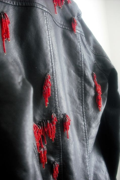 fix up old pleather jacket, repair peeling fake leather clothing, seed bead fringe, beaded jacket How To Fix Fake Leather Peeling, Upcycling, Beaded Leather Jacket, Diy Leather Jacket Refashion, Upcycling Leather Jacket, Patched Leather Jacket, Upcycle Leather Jacket Diy Ideas, Upcycle Leather Jacket, Leather Jacket Upcycle