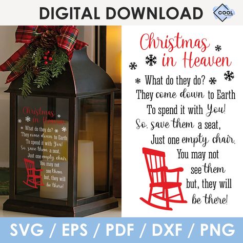 Christmas Lantern Ideas, Heaven Chair, Christmas In Heaven Poem, Christmas In Heaven Lantern, Heaven Poems, Lantern Svg, Missing Loved Ones, Poem Art, Memorial Lanterns