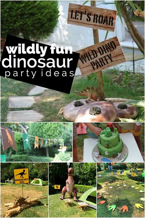From “dinomite” decorations to a super cool dinosaur birthday cake, this wildly fun dinosaur themed party by Andriana, from wecandoit, has loads of inspiration. The perfect outdoor venue, themed games and take-home favor bags add to the excitement! What's also... #birthdayparty #boys #dinosaur Dinasour Party, Dinosaur Party Ideas, Outdoor Birthday Party Decorations, Dinosaur Party Games, 15th Birthday Party Ideas, Dinosaur Party Decorations, Party Dinosaur, Dinosaur Birthday Cakes, Outdoors Birthday Party