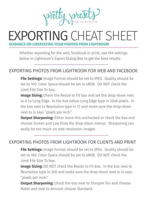 Exporting cheat sheet Photography Cheat Sheets, Pretty Presets, Foto Newborn, Photo Hacks, Camera Aesthetic, Photography Resources, Gain Confidence, Photography Help, Photo Editing Lightroom