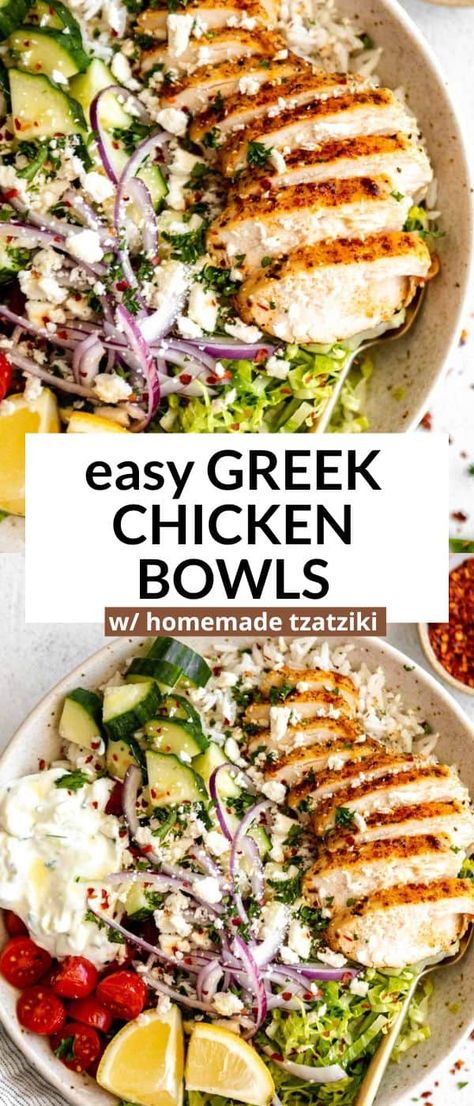 Greek Chicken Bowls Easy Greek Chicken Bowls, Healthy High Protein Breakfast Recipes, Meditrainian Bowl, Heathly Dinners For Families Easy, Greek Bowls Chicken, High Protein Bowls Low Carb, Protien Meals Bowls, Chicken Greek Bowls, High Protein Summer Meals