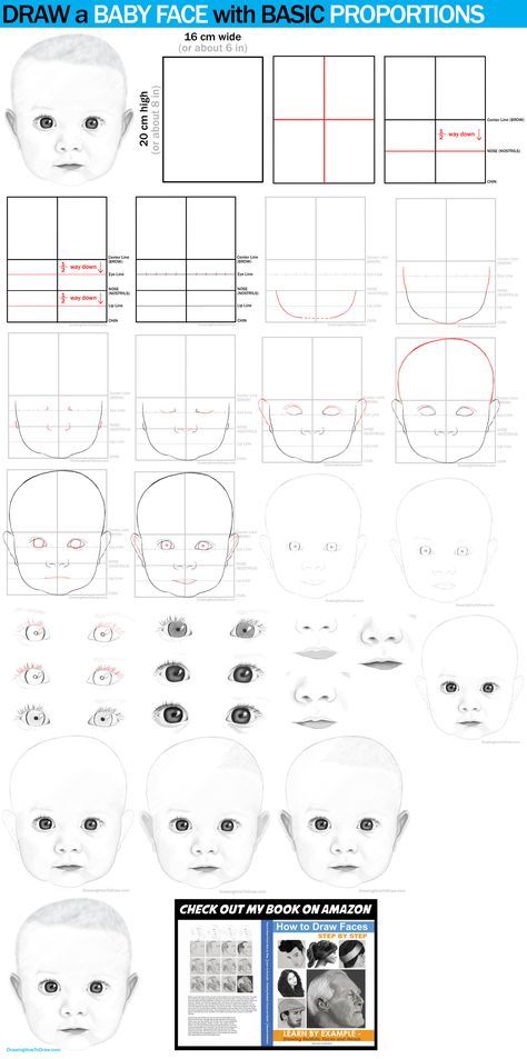 Learn how to draw a baby’s face, from the front, with basic proportions. This technique might look annoying, but it is reliable and really can be quick if you memorize how to draw babies’ faces. Drawing faces and heads really aren’t as hard as it appears to be. Follow this facial proportions tutorial and you will see how easy drawing baby faces can be. How To Draw A Childs Face Step By Step, Proportions Tutorial, Proportions Drawing, Baby Face Drawing, Faces Drawing, Drawing Baby, Face Tutorial, Facial Proportions, Baby Sketch