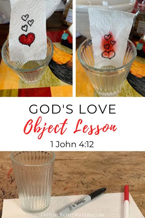 This object lessons makes a great Bible lesson about God's love for kids. You can also frame this as an experiment (have the kids draw and color their own hearts and see what happens). I love pairing this object lesson with Bible verses about God's love and then talking about how we can share God's love with others. Perfect for Sunday school, the classroom, or at home. #godslove #objectlesson #sundayschool #biblelessonforkids Kindness Bible Craft, God Loves Me Craft Preschool, Sunday School Love Crafts For Kids, Object Lessons For Teens, Bible Lessons For Preteens, Sunday School Science Experiments, Love Object Lesson For Kids, Quick Bible Lessons For Kids, Pre K Sunday School Lessons