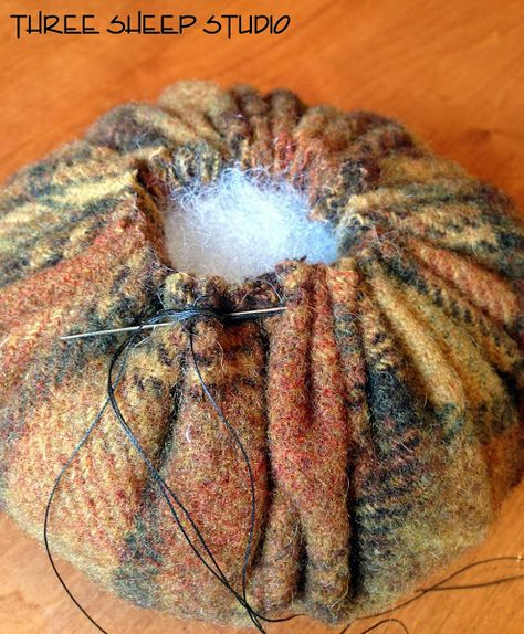 Three Sheep Studio: Rustic Wool Pumpkins With Angry Gnarled Stems... Diy Large Fabric Pumpkins, Rug Hooked Pumpkins, Fall Sewing Crafts Easy Diy, Stuffed Pumpkin Pattern, Wool Pumpkins Diy, Primitive Pumpkins Diy, Rag Pumpkin Diy, Pumpkin Gnomes Diy, Halloween Pinecones