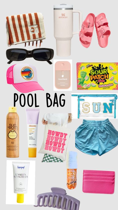 #preppy pool bag Pool Party Packing List, What To Pack In Your Pool Bag, What To Bring To The Pool For Teens, What To Pack For A Pool Day, What To Take To A Pool Party, Things To Bring To The Pool, Preppy Pool Day, Pool Bag Aesthetic, What To Pack For Swimming