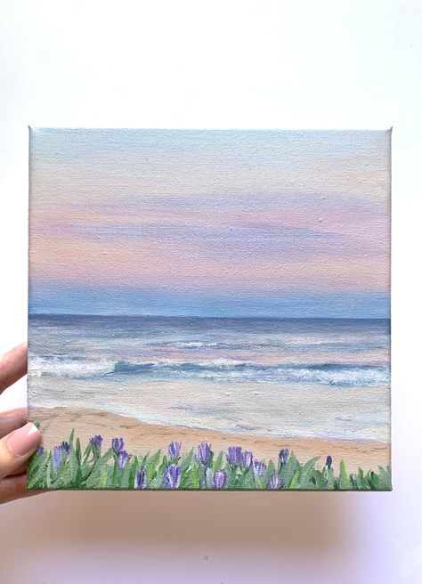 Easy Painting Ideas On Canvas Landscapes, Simple Painted Canvas Ideas, Canvas Aesthetic Ideas, Painting Puzzle Pieces Ideas, Simple Seascape Painting, Easy Painting Ideas Landscape, Nature Simple Painting, Ocean Sunset Acrylic Painting, Flat Canvas Painting