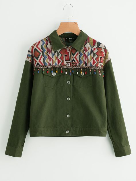 Shop Beading Fringe Trim Jacquard Yoke Jacket online. SheIn offers Beading Fringe Trim Jacquard Yoke Jacket & more to fit your fashionable needs. Ropa Upcycling, Embroidery Collar, Casual Wear Dress, Fashion Tops Blouse, Trendy Dress Outfits, Look Boho, Trendy Fashion Tops, Fashionista Clothes, Sweatshirt Outfit