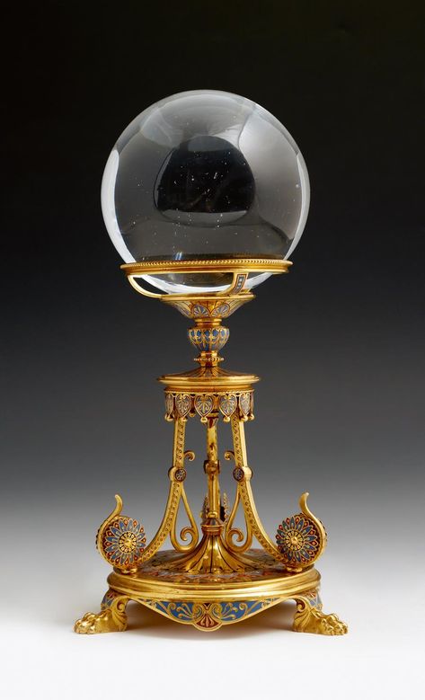 A French champlevé enamel and gilt brass crystal ball stand, with guilloche decorated scroll supports and paw feet, together with a glass ball, ... Decorative Accents, Diy Crystal Ball Stand, Magic Crystal Ball, Crystal Ball Stand, Crystal Balls, Glass Balls, Season Of The Witch, Witch House, 판타�지 아트