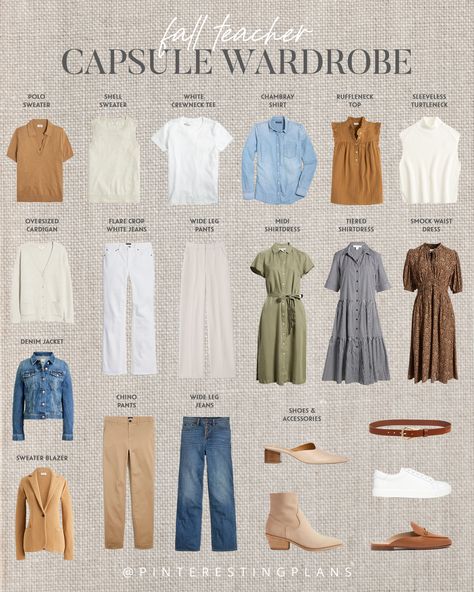 Teacher Fall Capsule Wardrobe 2023 - Pinteresting Plans Capsule Wardrobe Teacher, Teacher Wardrobe Capsule, Fall Capsule Wardrobe 2023, Teacher Capsule Wardrobe, Capsule Wardrobe 2023, Appropriate Outfits, Wide Leg Pants Jeans, Capsule Wardrobe Women, Business Casual Dress Code