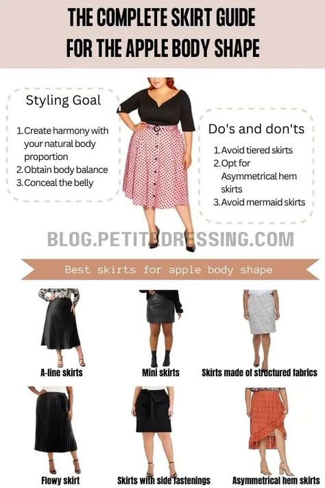 The Complete Skirt Guide for the Apple Body Shape Couture, Apple Body Fashion, Apple Shape Outfits Plus Size, Skirt Guide, Apple Body Shape Clothes, Apple Shaped Body, Apple Body Shape Fashion, Apple Body Shape Outfits, A Line Skirt Outfits