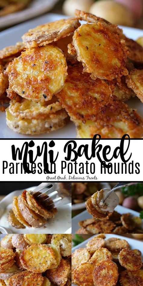 Mini Baked Parmesan Potato Rounds are delicious little potato slices covered in Parmesan cheese, seasoned with garlic salt and pepper and baked until fork tender. #appetizerrecipe #bake #potatorecipes #delish #greatgrubdelicioustreats Essen, Cheesy Potato Slices, Baked Potato Rounds In Oven, Oven Baked Sliced Potato With Cheese, Baked Potato Slices In Air Fryer, Mini Baked Parmesan Potato Rounds, Sliced Red Potato Recipes, Roasted Potato Slices In Oven, Sliced Parmesan Potatoes In The Oven