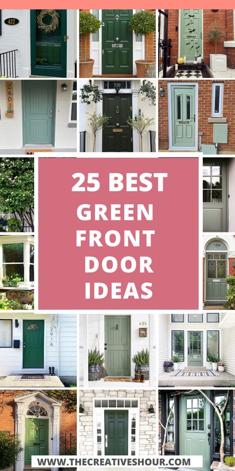 Revitalize your home's exterior with a range of green front door colors that exude vitality and charm. From pairing beautifully with brick houses to adding a pop of color against white or grey backdrops, green doors redefine curb appeal. Elevate the aesthetics by coordinating with shutters for a cohesive look. Even indoors, a green front door adds a touch of nature-inspired elegance to your space. White House Green Door Black Shutters, White House Green Door Exterior, Best Greens For Front Door, Dark Green Exterior Door, Green Front Doors Brick House, Green Gray Shutters, Black And White House Front Door Color, Best Green For Front Door, Army Green Front Door