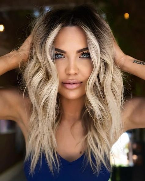 #blondehairstyles #blondhair #blondehaircolor Balayage Tones Chart, Balayage Hair 2023 Summer, Blonde Hair 2023 Summer, Baylage With Money Piece Blonde, Cool Ombre Hair, Long Blonde Hair With Dark Roots, Summer Hair 2023 Blonde, Summer Baylage Hair 2023, Dark Smudge Roots Blonde