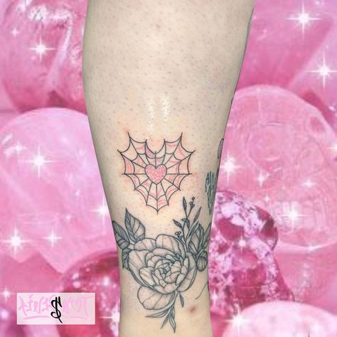 Pink Spider Web Tattoo, Cute Spiderweb Tattoo, Pink Spiderweb Tattoo, Feminine Spider Web Tattoo, Pink And Red Tattoo, Cute Creepy Tattoos, Pink Spiderweb, Spiderweb Tattoo, Girly Goth