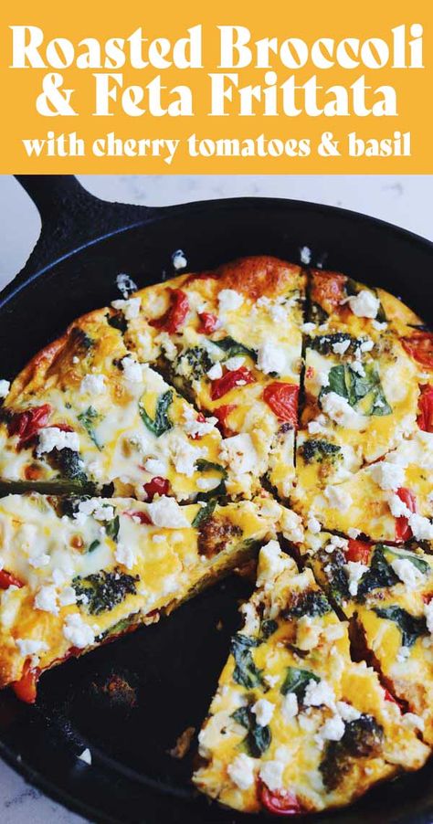Roasted Broccoli Feta Frittata with Tomatoes - Grilled Cheese Social Broccoli And Feta, Broccoli Feta, Broccoli Frittata, Feta Frittata, Vegetarian Main Meals, Tomato Frittata, Easy Breakfast Brunch, Springtime Recipes, Brunch Recipe