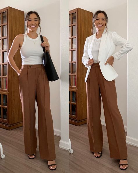 Wide Leg Trousers Women Outfit, Tailored Pants Women Outfits, Wide Leg Trouser Outfits Women, Camel Work Pants Outfit, Khaki Wide Leg Pants Outfits Casual, Trouser Wide Leg Outfits, Wide Leg Pant Styling, Women's Trousers Outfits, Wide Leg Business Outfit