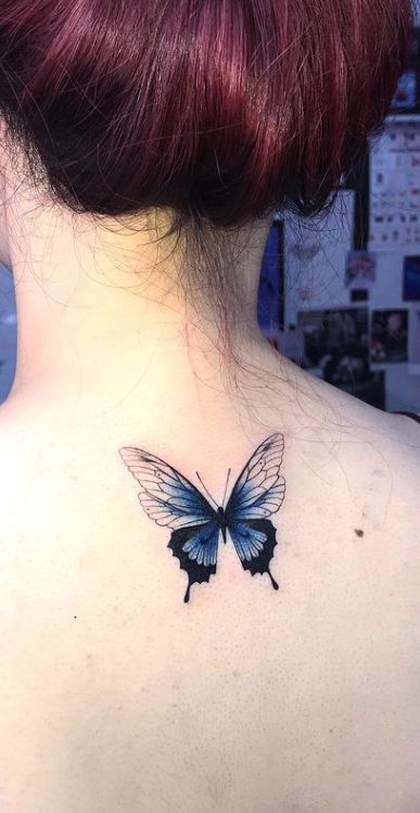 Butterfly On The Back Tattoo, Butterfly Tattoo Nape, Back Of The Neck Butterfly Tattoos, Butterfly Back Of Neck Tattoo, Neck Butterfly Tattoo, Meaning Of Butterflies, Butterfly Tattoos Ideas, Butterfly Tattoo Neck, Butterfly Tattoo On Back