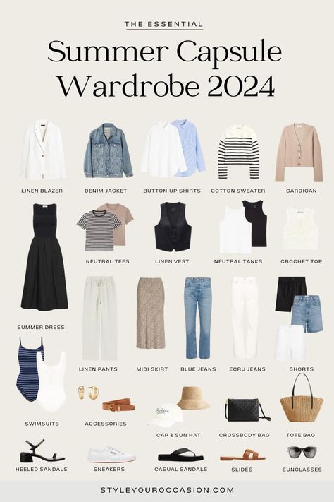 Learn how to create a perfect summer capsule wardrobe with this chic neutral capsule wardrobe list & effortless outfit ideas for 2024! Neutral Capsule Wardrobe 2024, Summer Capsule Wardrobe Checklist, Capsule Wardrobe Work Summer, Capsule Wardrobe Carry On, Work Capsule Wardrobe Plus Size, Prept Capsule Wardrobe, Summer Work Capsule Wardrobe 2024, Summer 2024 Essentials, Black White Tan Capsule Wardrobe