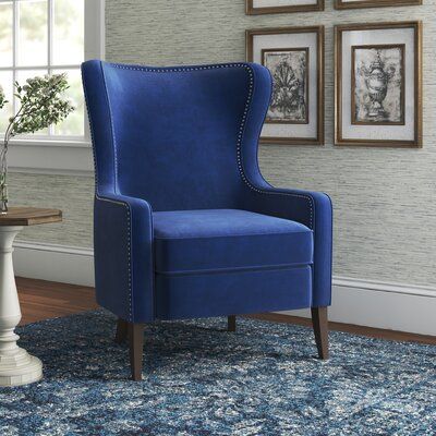 Wingback Chair Living Room, Wing Back Chairs, Chair Styling, Wingback Dining Chair, Velvet Wingback Chair, Wingback Accent Chair, Fireplace Room, Blue Armchair, Fabric Navy