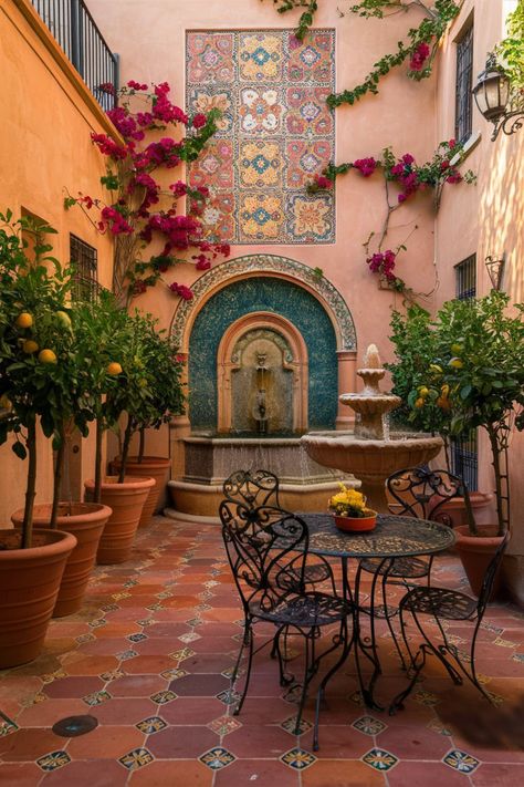 Elevate your outdoor space with these 4 essentials for a vibrant Mediterranean courtyard! 🌺🌿 From colorful tiles to fragrant citrus trees, we've curated the must-have elements for creating a lively and inviting outdoor retreat. Tap to explore our favorite picks and start designing your own Mediterranean-inspired oasis. What's your go-to accessory for Mediterranean courtyard living? Share your thoughts below! 🌟 #MediterraneanStyle #CourtyardDesign #OutdoorInspiration Spanish Style Outdoor Furniture, Spanish Courtyard Fountain, Spanish Modern Courtyard, Italian Villa Courtyard, Spanish Tiles Outdoor, Mediterranean Patio Design Ideas, Spanish Courtyard Garden, Mediterranean Homes Aesthetic, Spanish Style Homes Courtyard