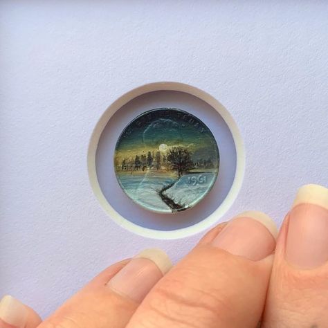 I Create Tiny Oil Paintings On Pennies (63 Pics) Painting Miniatures, Art Miniature, Tiny Art, Coin Art, Miniature Paintings, Daily Exercise, Mini Paintings, Beautiful Landscape, Painting Art Projects