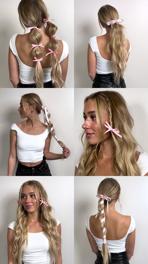 Pink Bows Hairstyles, Braids With Ribbon Bows, Hairstyle Ideas With Ribbon, Little Bows In Hair, Bows Outfit Aesthetic, Hair Bows Hairstyles, Hair Up With Ribbon, School Hairstyles With Ribbon, Hairstyles With Hair Bows