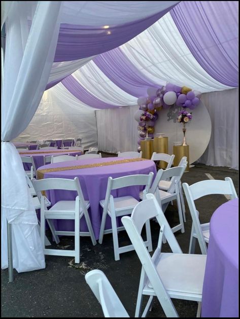 Lilac Gold And White Party, Quinceañera Decorations Ideas Purple, Purple Backyard Party, Lavander Party Theme, Lavender And Gold Sweet 16, Lavender And Gold Graduation Party, Lavendar Birthday Party, Lavender Birthday Theme, Lavender Graduation Party