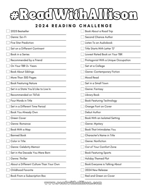 Read With Allison's 2024 Reading Challenge - Read With Allison Bujo Book Journal, Yearly Reading Challenge, Book Challenge Ideas, 2024 Reading List, 2024 Reading Log, 2024 Book Challenge, Book Challenge 2024, Reading Journal 2024, 2024 Book Reading Challenge