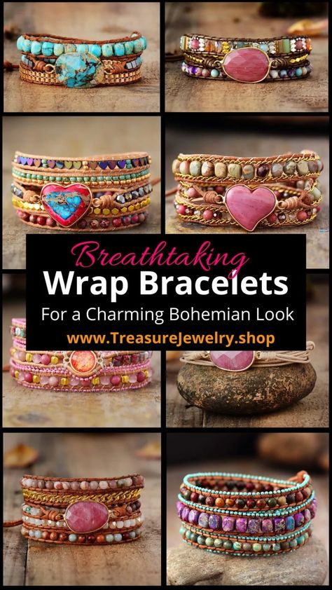 Breathtaking Wrap Bracelets For a Charming Bohemian Look - Treasure Jewelry Bohemian Bracelets Diy, Bohemian Jewelry Diy, Boho Bracelets Diy, Diy Wrap Bracelet, Boho Jewelry Diy, Leather Wrap Bracelets, Diy Leather Bracelet, Bracelets Boho, Bracelets Collection