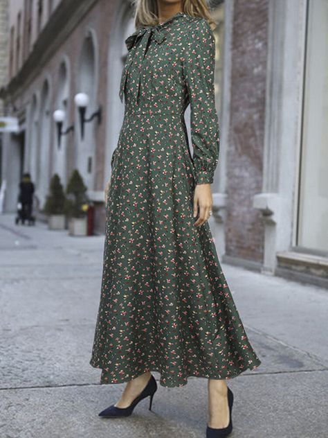 Color: Black, Green Pattern: Floral Material: Polyester Occasion: Casual, Holiday, Party, Wedding, Business Length: Long Sleeves Length: Long Sleeve Floral Summer Dress Long, Long Floral Maxi Dress, Red Carpet Affair, Cheap Summer Dresses, Frock Fashion, Autumn Sleeve, Long Sleeve Casual Dress, Long Dress Casual, Frock Design