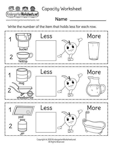 Students have to determine which objects hold the least amount of liquid in each row and then write the correct number in the box. This free printable capacity worksheet can help kids gain a better understanding of how much liquid different containers can hold. Capacity Worksheets Grade 2, Capacity Worksheets For Kindergarten, Capacity Kindergarten, Capacity Maths, Capacity Activities, Kindergarten Measurement, Capacity Worksheets, Superstar Worksheets, Teacch Activities