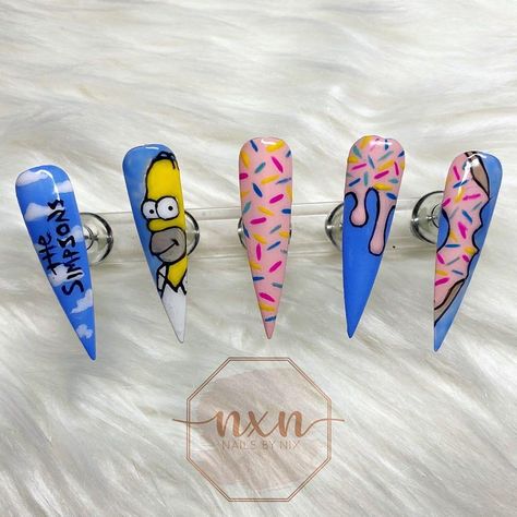 50 Best Summer Nails You Need to Try 2023 | Summer Nails Art Nail Art For Competition, Characters Nails Design, Simpsons Nails Art, Simpson Nails Acrylic, Nail Art Competition Ideas, Draw On Nails Art Designs, Press On Nails Art, Character Nail Art Designs, The Simpsons Nail Art