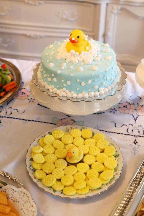 Rubber Ducky Baby Shower Cake - Mom Loves Baking Essen, Duck Cakes, Chocolate Cake With Buttercream, Rubber Ducky Cake, Rubber Ducky Birthday, Cake Mom, Almond Frosting, Milk Chocolate Cake, Cake Designs For Kids